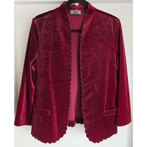 VINTAGE Act III Women's Red Velvet Blazer Long Sleeve Jacket Scalloped Edge Trim